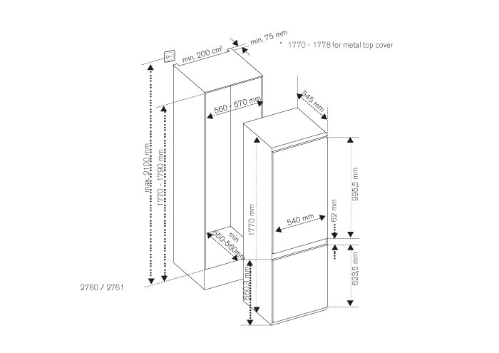 60 cm réfrigérateur encastrable à montage par le bas, H177, porte sur porte