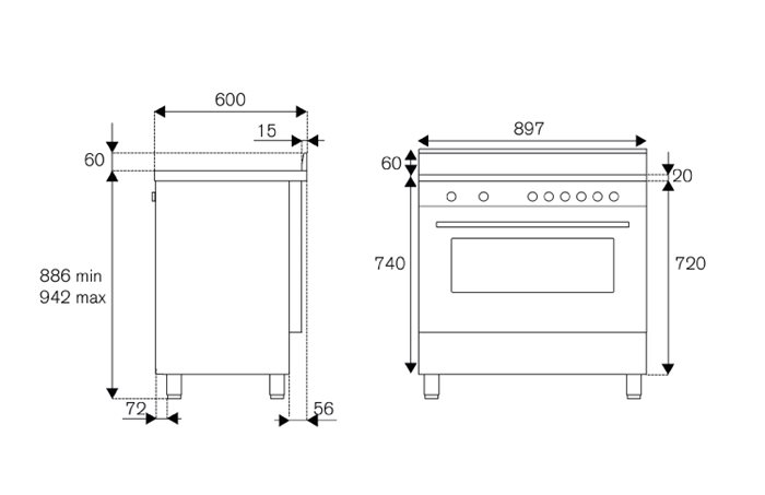 Fourneau à gaz 90 cm 6 Brûleurs Four électrique